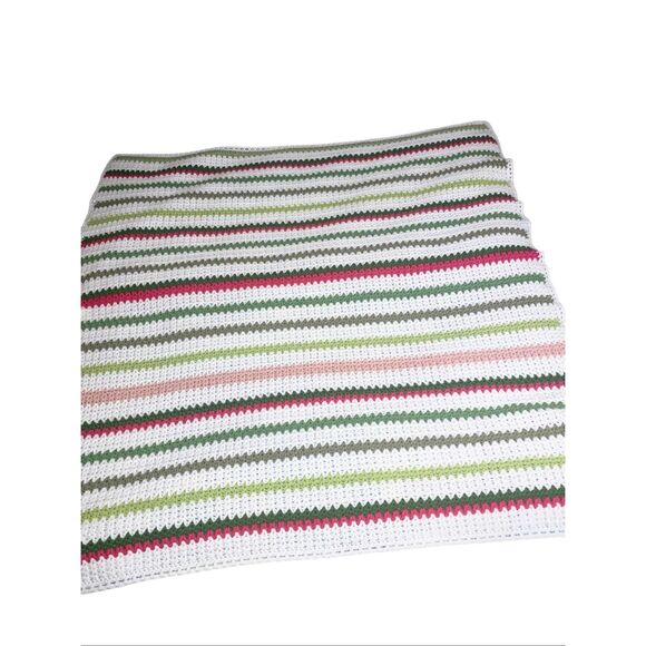 Handmade Crochet Striped Throw Blanket White Pink Green Afghan 50x56 Cozy Decor - Picture 2 of 4